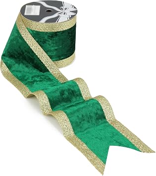 Green Christmas Crushed Velvet Wired Ribbon 4 Inch, 10 Yards