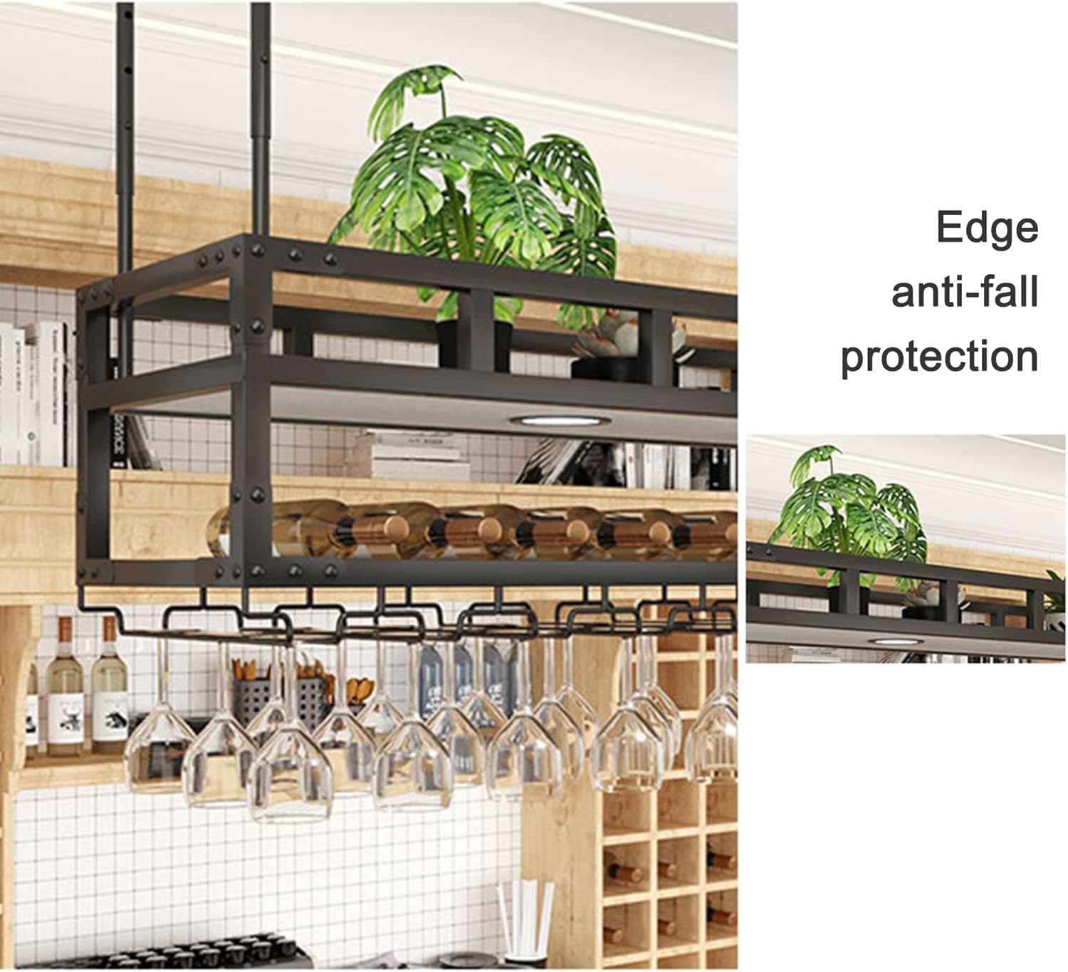 Floating Wall Mounted Wine Rack with Glass Holder and LED Light Modern Home Bar Decor for Kitchen or Dining Room Gold 60 * 30cm