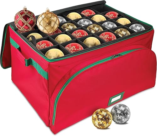 Vista 13 de Caja de almacenamiento premium para adornos navideños – Con capacidad para hasta 72 adornos de 3 pulgadas + 8 ranuras laterales para figuritas y Rojo