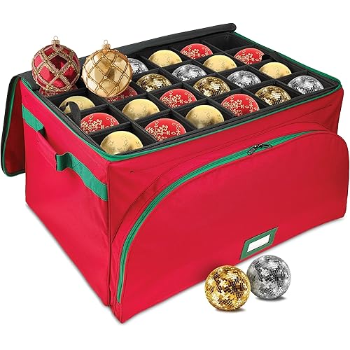 HOLDN’ STORAGE Premium Christmas Ornament Storage Container - Holds Up to 72-4” Ornaments Durable 600D Fabric - Adjustable Dividers - 3 Individual Trays - Metal Frame - Red