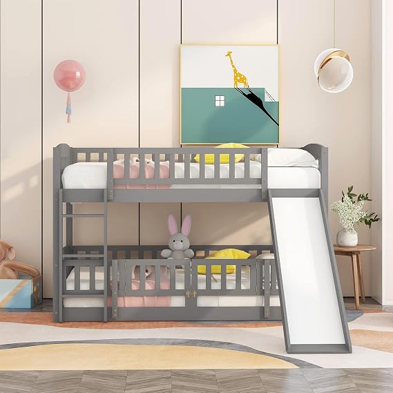 Bellemave Twin Over Twin Low Bunk Bed with Slide and Fence Railings Wood Floor Bunk Beds with Ladder for Kids Boys Girls Teens, Grey
