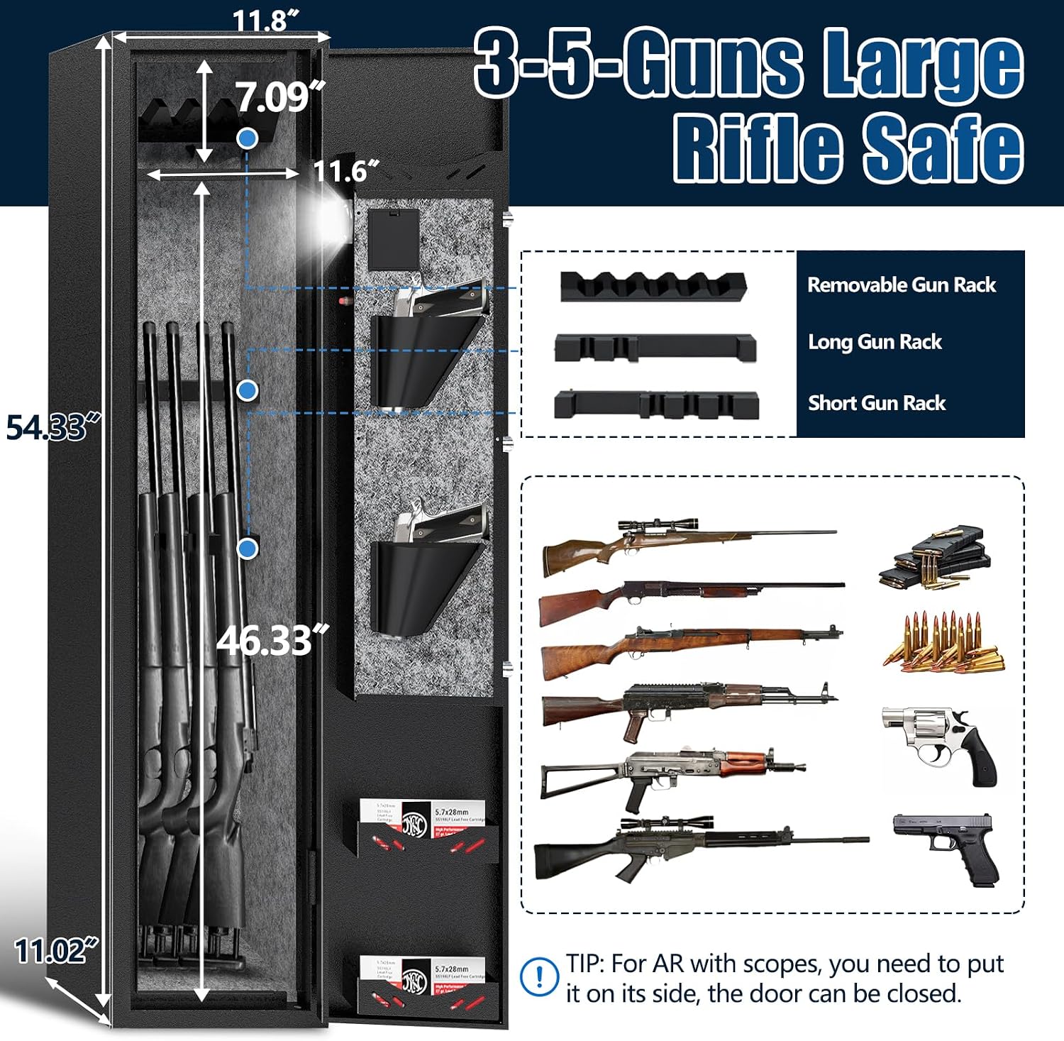 3-5 Gun Safe,Rifle Safe,Gun Safe for Shotguns,Large Gun Safe for Home Rifle and Pistols,Long Gun Cabinets with Fingerprint/Digital Keypad/Removable Shelf for Rifles Shotgun