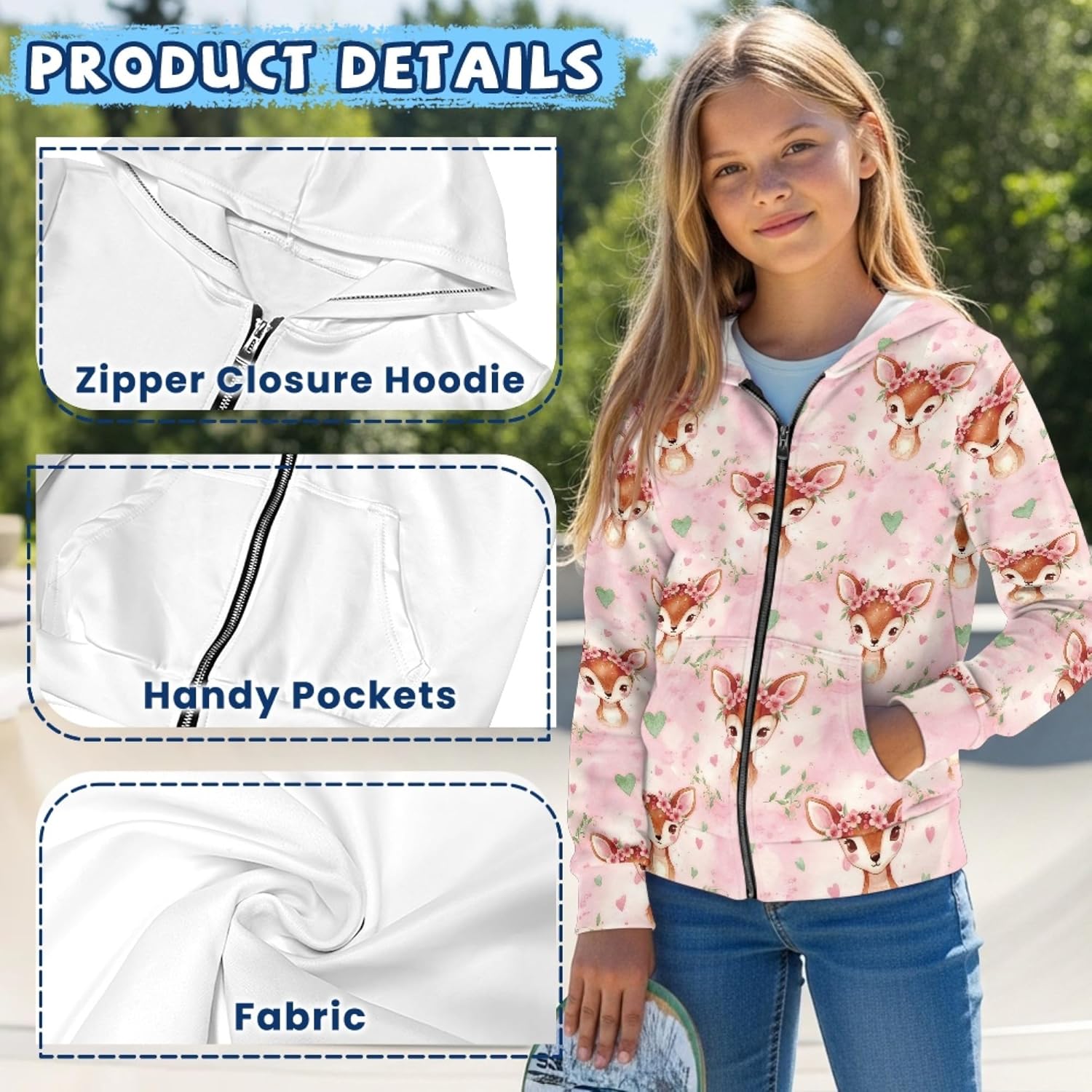 AmzPrint Zip Up Hoodie For Little Girls Long Sleeve Style Graphic Back To School Oversized Hoodie For Toddler Girls