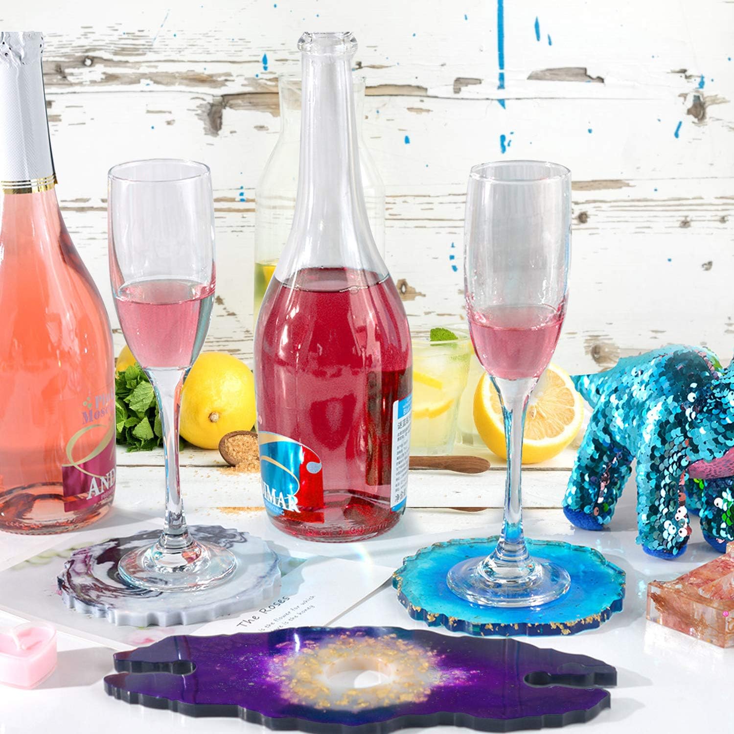 Mity rain 5 Packs Resin Coaster Mold - 1pc Wine Rack Resin Silicone Casting Mold and 4pcs Irregular Geode Agate Coasters Molds for Making Wine Glasses Holder, Faux Agate Slices,Coasters, Home Decor