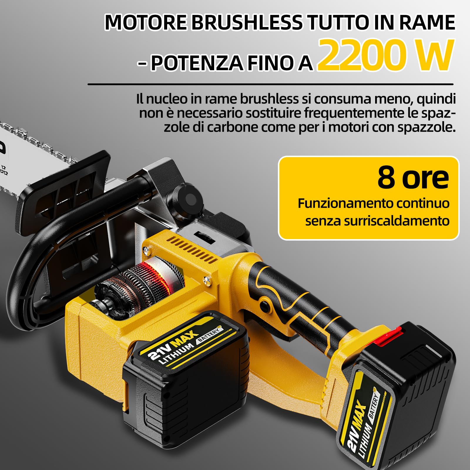 Motosega elettrica portatile, batteria senza spazzole da 2200 W, lubrificazione automatica della catena e freno a catena, adatta per lavori di forestale e legno