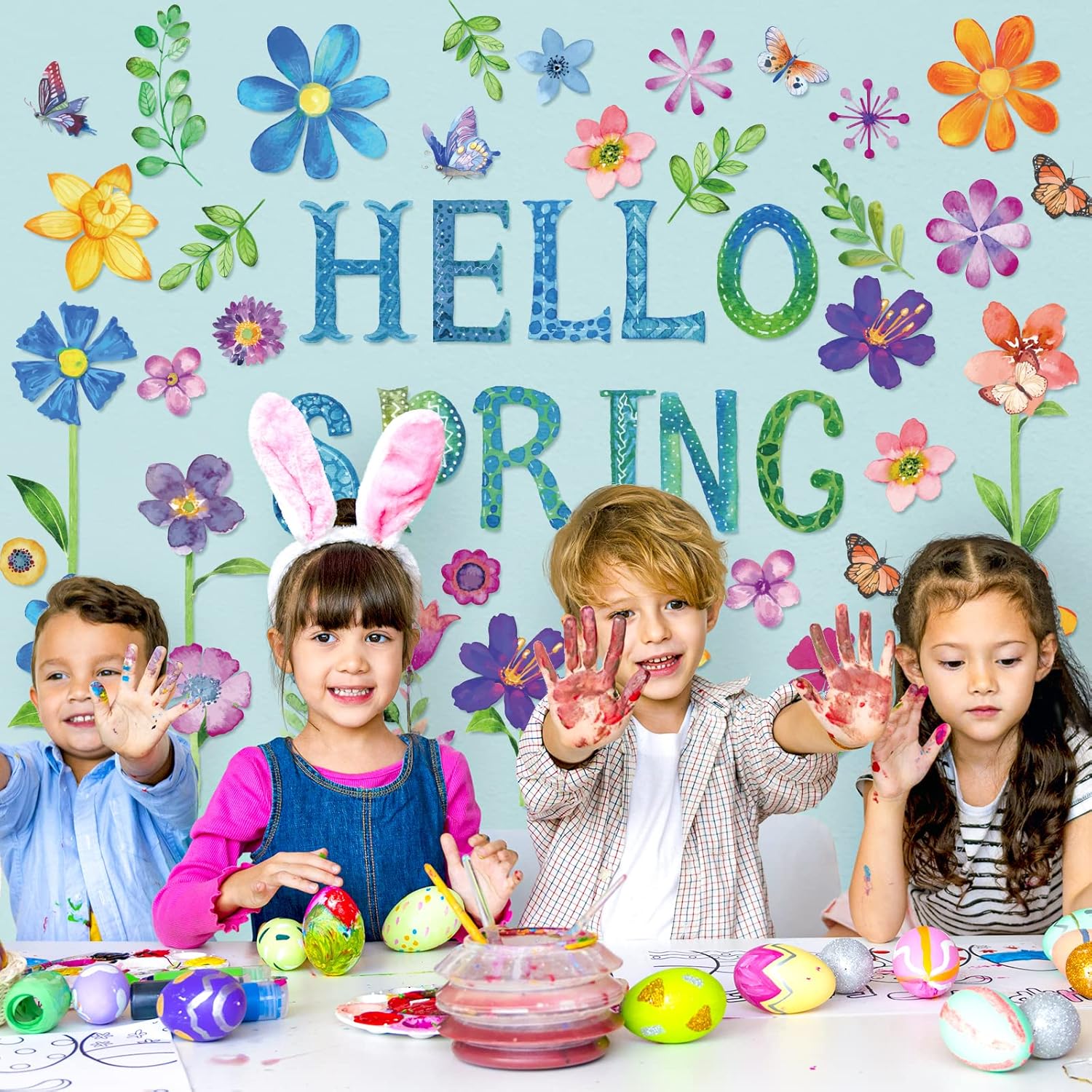 Whaline 53Pcs Hello Spring Cut-Outs Bulletin Board Decoration Colorful Flowers Butterfly Watercolor Plants Cutouts Floral Classroom Decor with 100Pcs Glue Points for School DIY Craft Projects