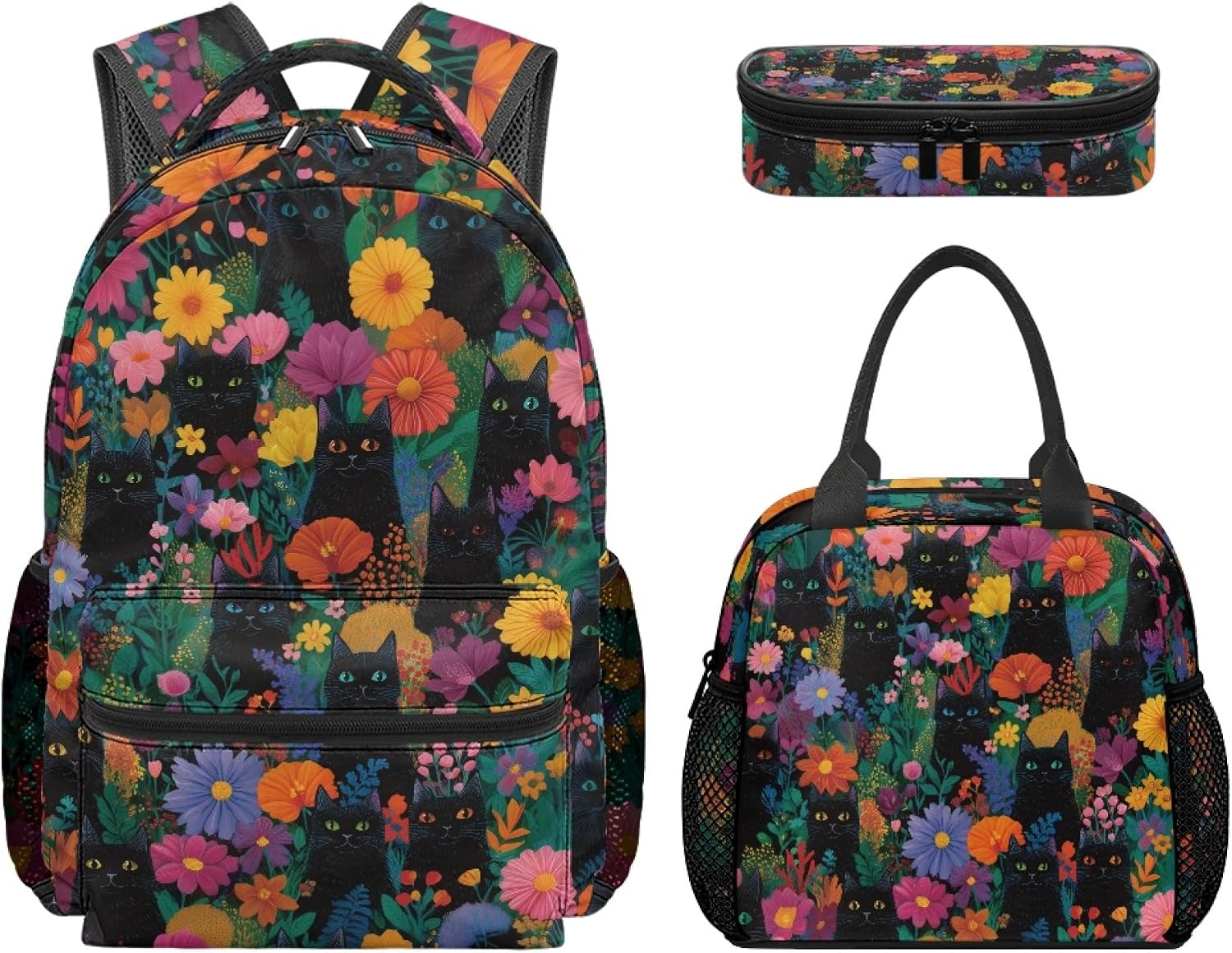 Amzbeauty Kids Animal Backpack For Girls Cat Butterfly Daisy Print Elementary School Bag With Lunchbox Pencil Case 3 Piece Bookbag Sets