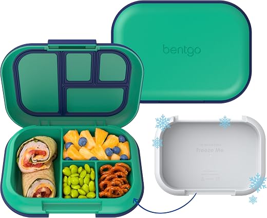 Bentgo Chill Kids Leak-Proof Lunch Box - 4-Compartment Bento Box with Built-In Ice Pack, 3.3 Cup Capacity, PFAS & BPA-Free, Microwave & Dishwasher Safe, Ideal Size for Ages 3 to 7 (Green/Navy)