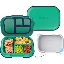 Bentgo Chill Kids Leakproof Lunch Box - 4-Compartment Bento Box with Built-In Ice Pack, 3.3 Cup Capacity, BPA-Free, Microwave &amp; Dishwasher Safe Tray, Ages 3&ndash;7 (Green/Navy)