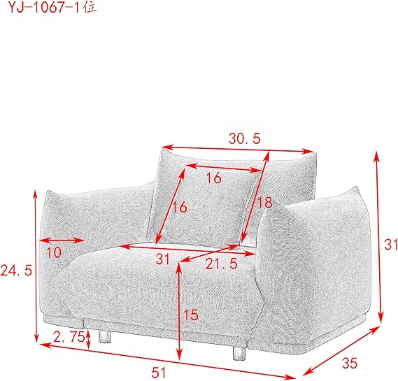 Mid Century Modern Sofa,Single Upholstered Sofa Couch for Living Room,Comfy Loveseat Sofa with Solid Wood Frame,Contemporary Couches Metal Leg,2 Pillows for Apartment Bedroom (Grey-50.75)