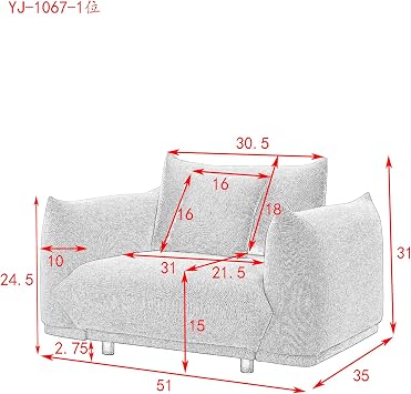 Mid Century Modern Sofa,Single Upholstered Sofa Couch for Living Room,Comfy Loveseat Sofa with Solid Wood Frame,Contemporary Couches Metal Leg,2 Pillows for Apartment Bedroom (Grey-50.75)