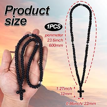 Pndeyo Handmade Prayer Rope, Traditional Christian Orthodox Greek Russian Komboskoini Prayer Rope, Blessed Cross Car Hanging Charms- Black
