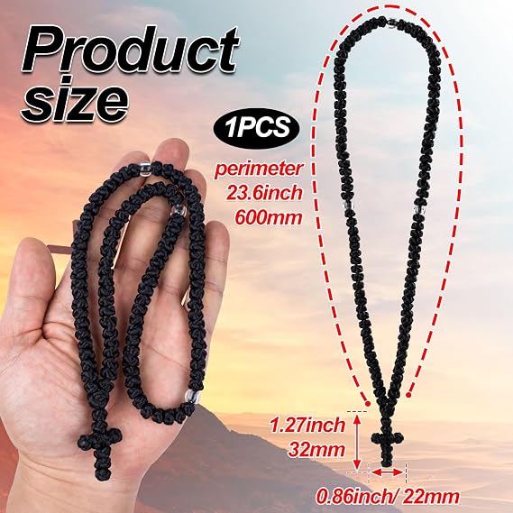 Pndeyo Handmade Prayer Rope, Traditional Christian Orthodox Greek Russian Komboskoini Prayer Rope, Blessed Cross Car Hanging Charms- Black