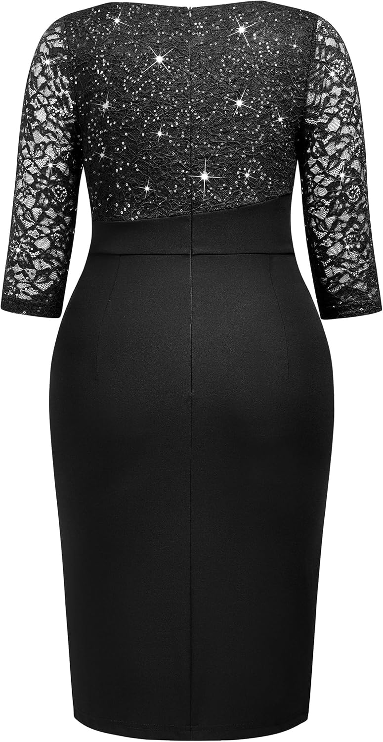 MISSMAY Women's Plus Size Sequined Lace V Neck Ruffle Split Hem Wedding Party Bodycon Cocktail Dress - Image 6