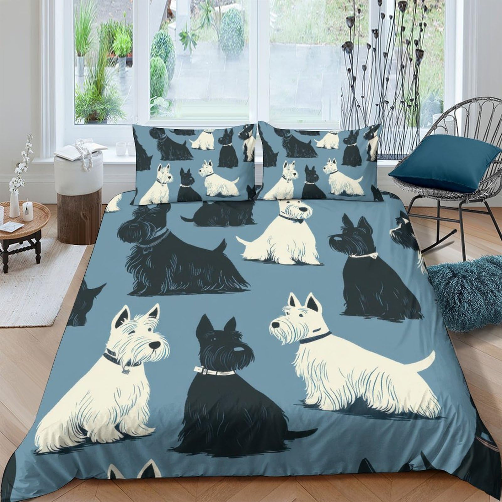Ctjqhvkz Style-6 3D Printed Scottish Terrier Fitted Sheet Microfiber Soft Blue Dog Pattern Mattress Cover Bedroom Home Decor Single（135X200cm）