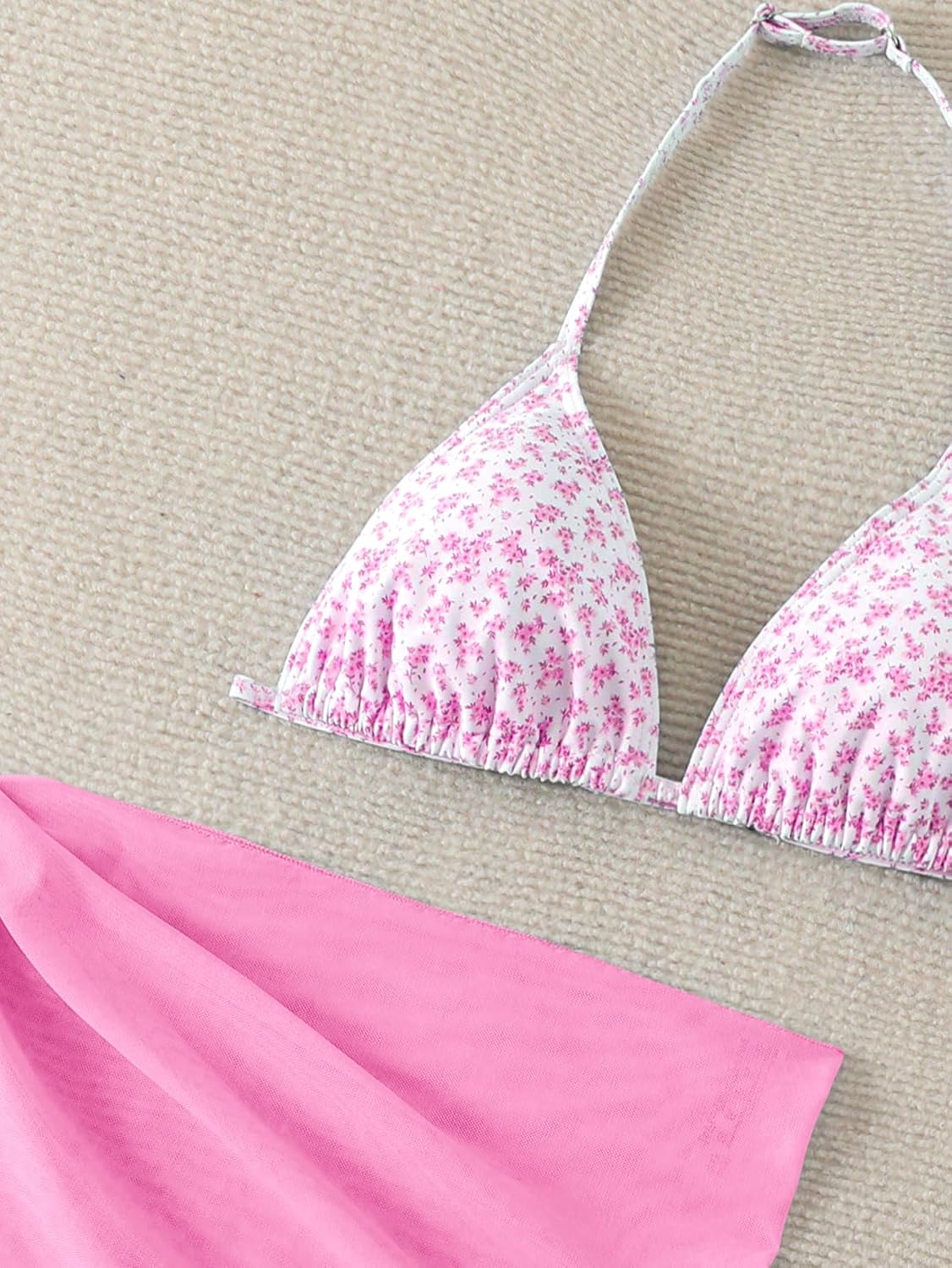 SOLY HUX Girl's Summer Swimsuit Set Floral Halter Triangle Bikini Set with Wrap Skirts Beachwear