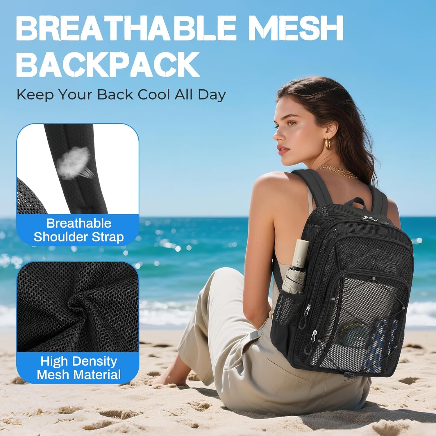 Sisipoet Mesh Backpack, Heavy Duty Mesh Bookbag for Girls Boys Kids, See Through Clear Backpacks, Net Backpack Transparent Breathable for School Beach Swim Travel Outdoor, Black