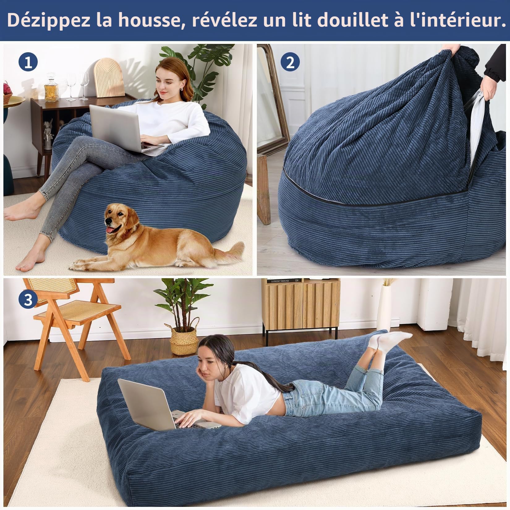 Géant Pouf Lit Convertible en Velours Côtelé,2 in 1 Canapé Paresseux Convertible lit,Rembourrage Mousse,Canapé lit Convertible/Chauffeuse 1 Place pour Salon/Chambre(190x135x25cm,Bleu)