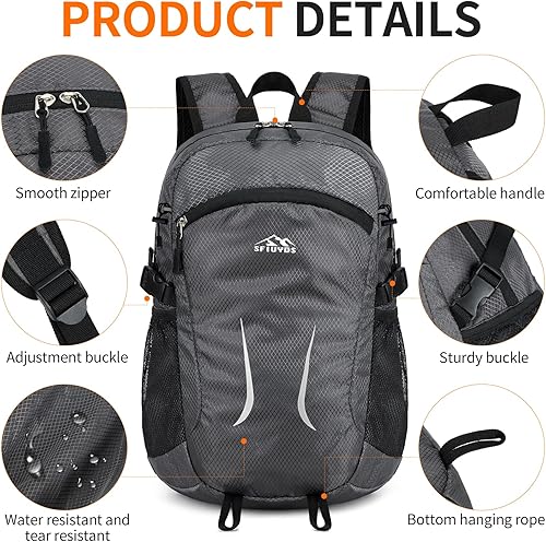 Miniatura 7 de Mochila de senderismo pequeña, mochila de senderismo impermeable de 15 litros, plegable, ligera, mochila de viaje para mujeres y hombres, Gris,