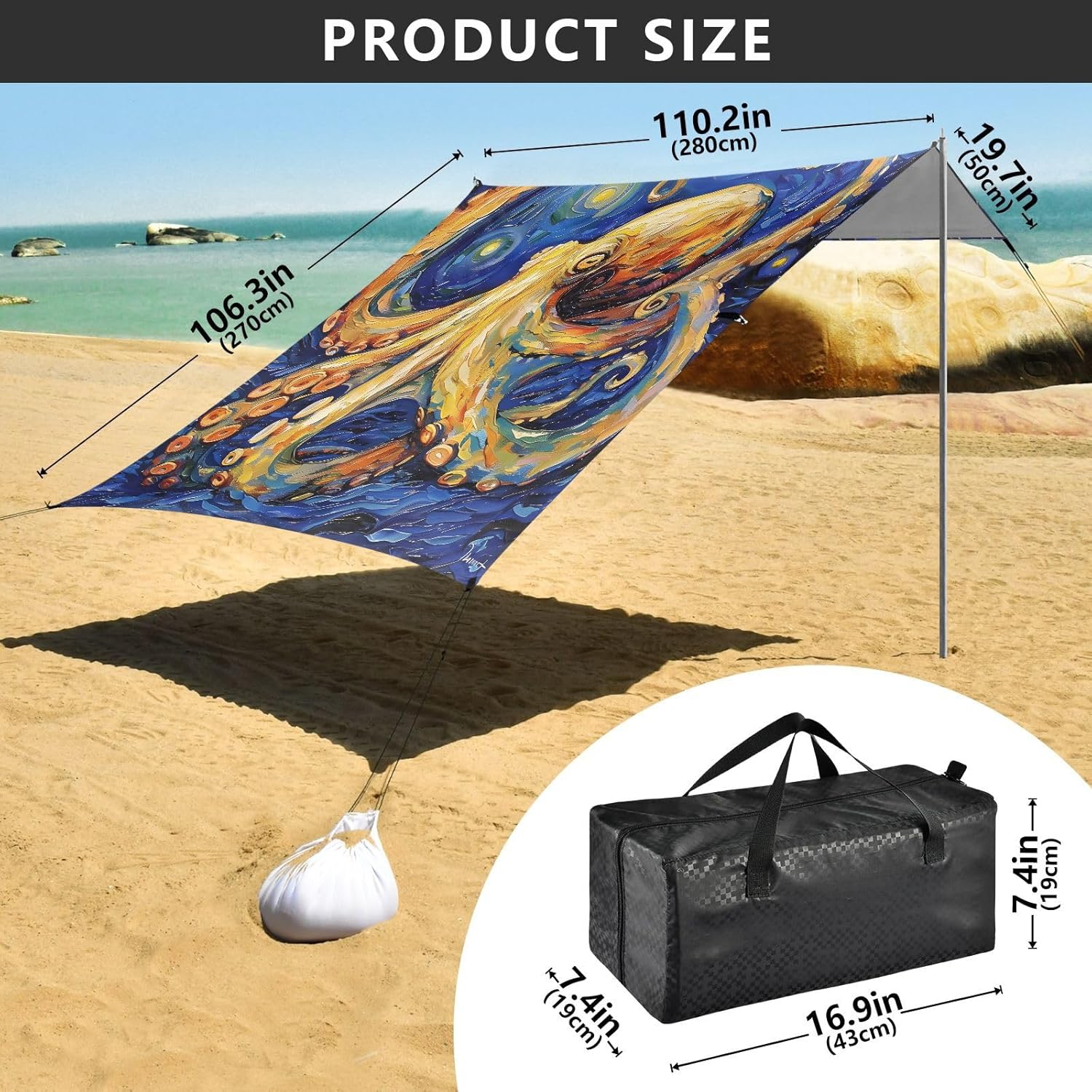 ALAZA Octopus Starry Sky Beach Tent Sun Shelter UPF50+ Protection Beach Shade Canopy w/ 4 Sandbags for Outdoor Camping, Fishing, Backyard Fun, Picnic, 10x9 ft