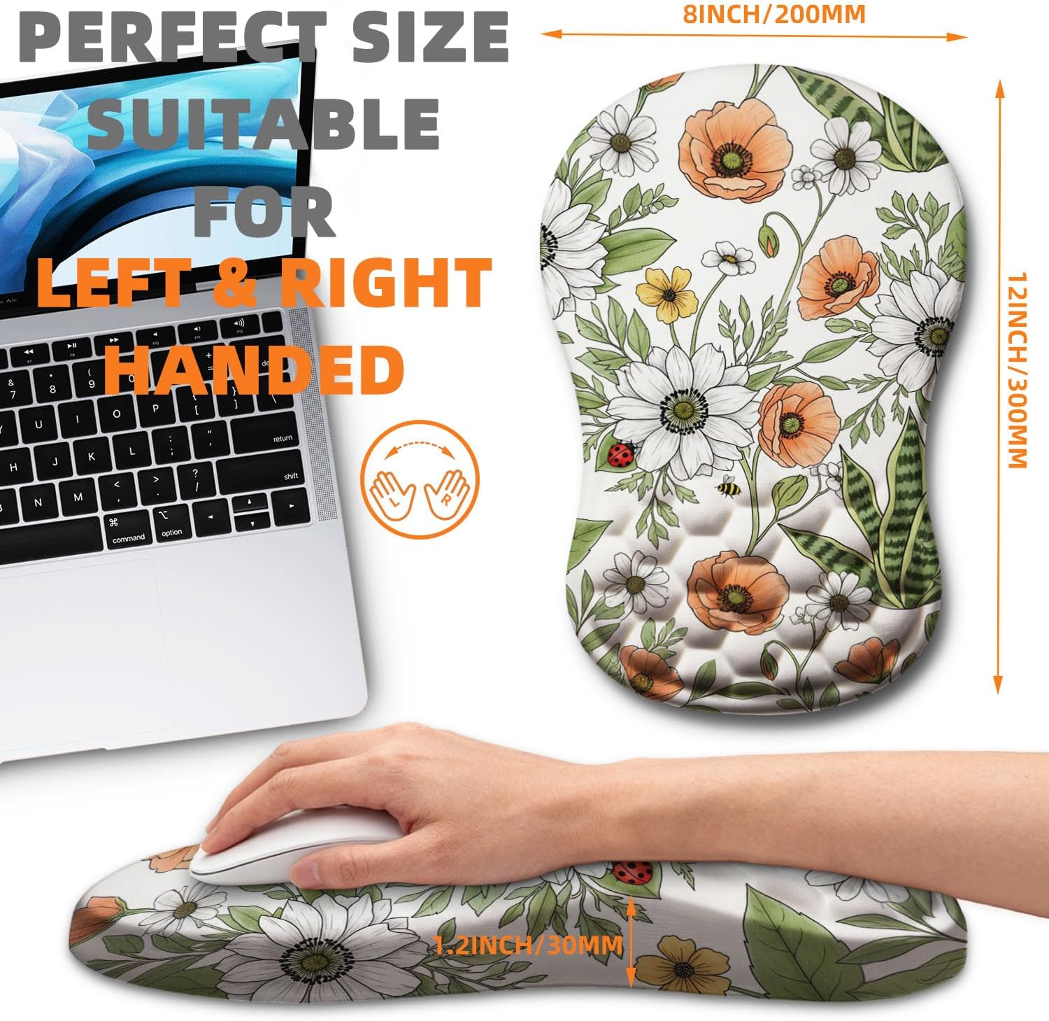Ergonomic Mouse Pad with Wrist Rest, Memory Foam Wrist Support for Carpal Tunnel Pain Relief, Massage Design Mousepad and Non-Slip Base for Office and Gaming, 12x8 Inch, Floral