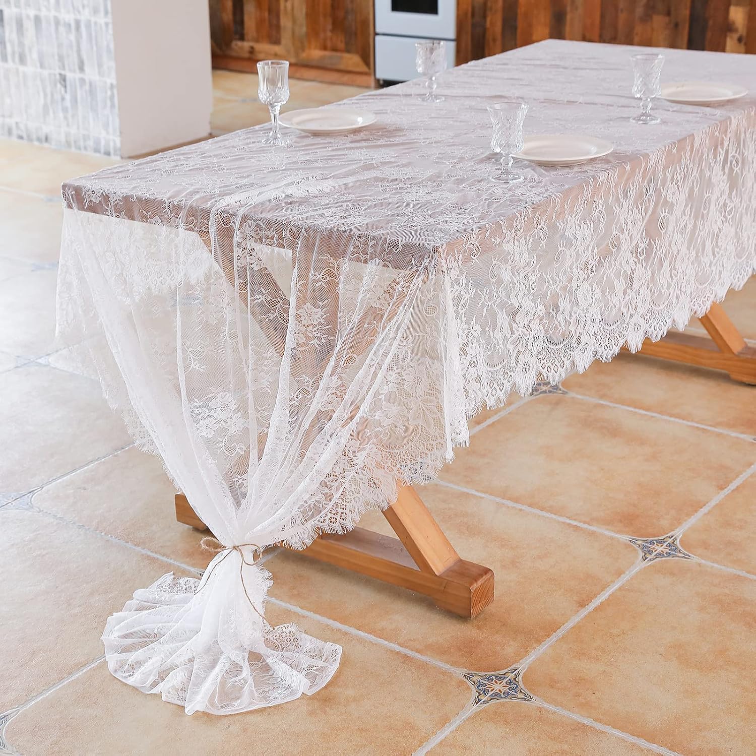 5 Pcs White Lace Tablecloth 60 X120 Inches Rectangular Vintage Lace Fabric Overlay Dining Tablerunner for Rustic Wedding Bridal Baby Shower Tea Party Home Decorations Embroidered Boho
