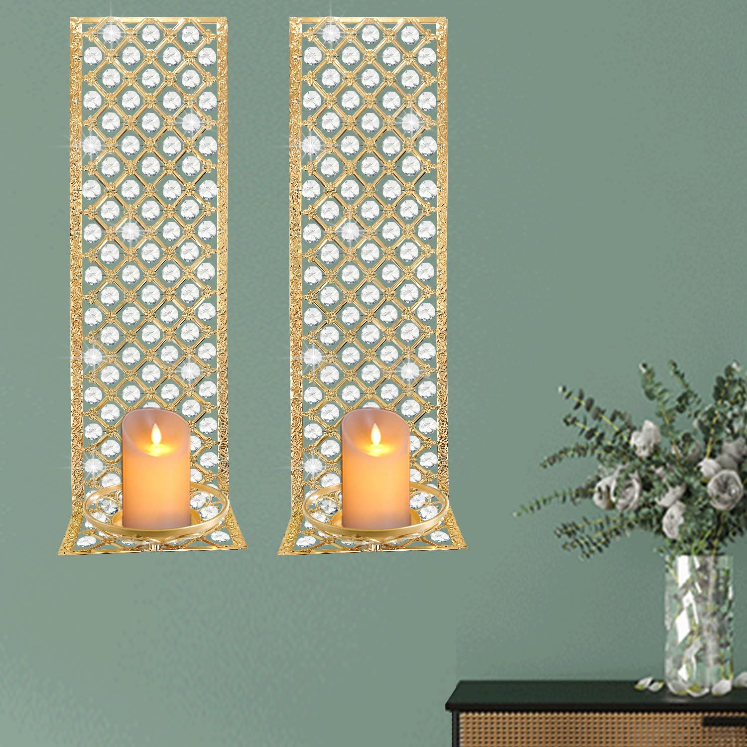 Bougeoirs Muraux Argentés - Lot De 2 - Cristal écrasé Acrylique - 38x11cm - Décoration Glamour