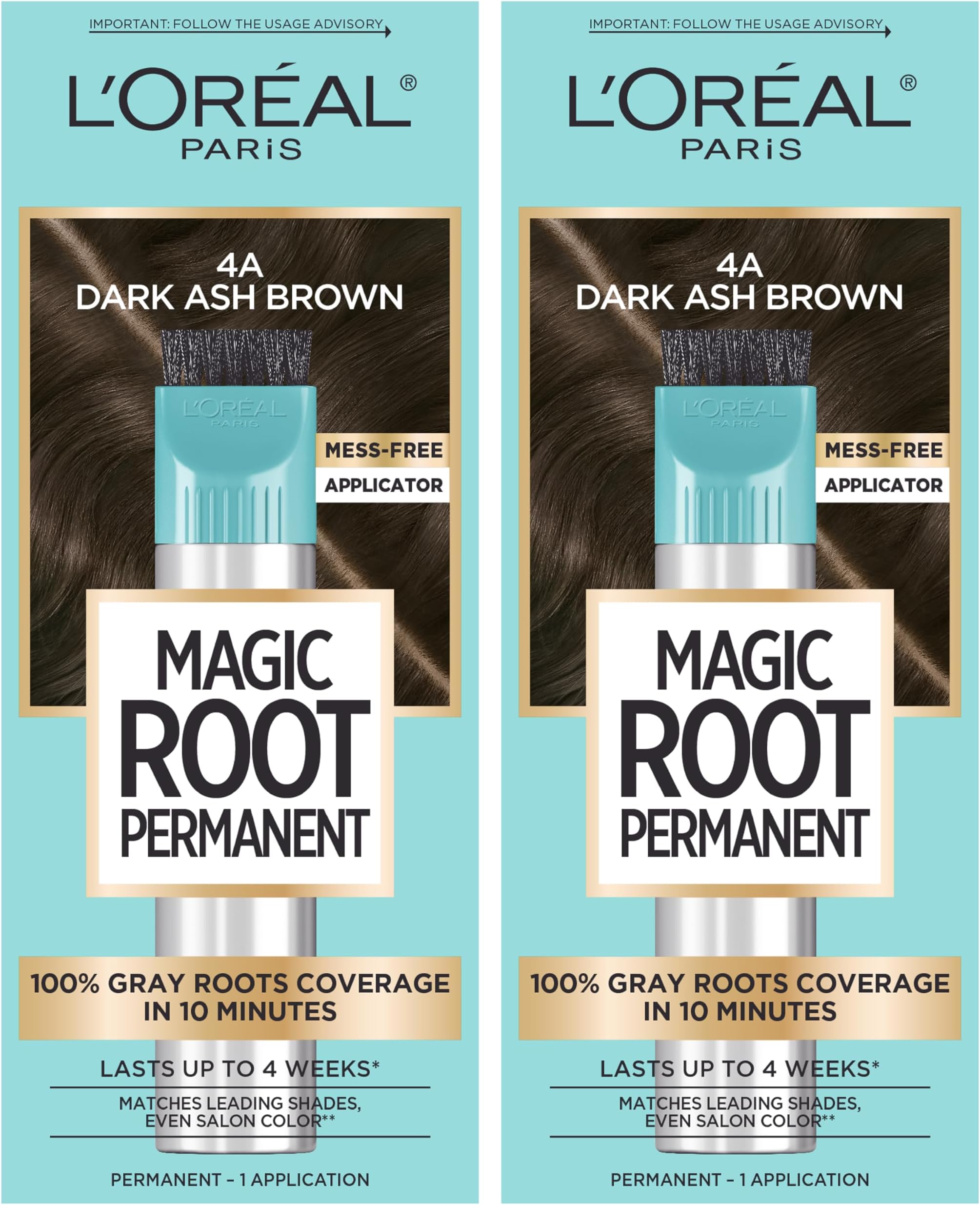L'Oreal Paris Magic Root Permanent Hair Color Kit, 100% Gray Hair Coverage In Just 10 Minutes, Precision Brush Applicator for Seamless Application, 4A Dark Ash Brown (2 Count)