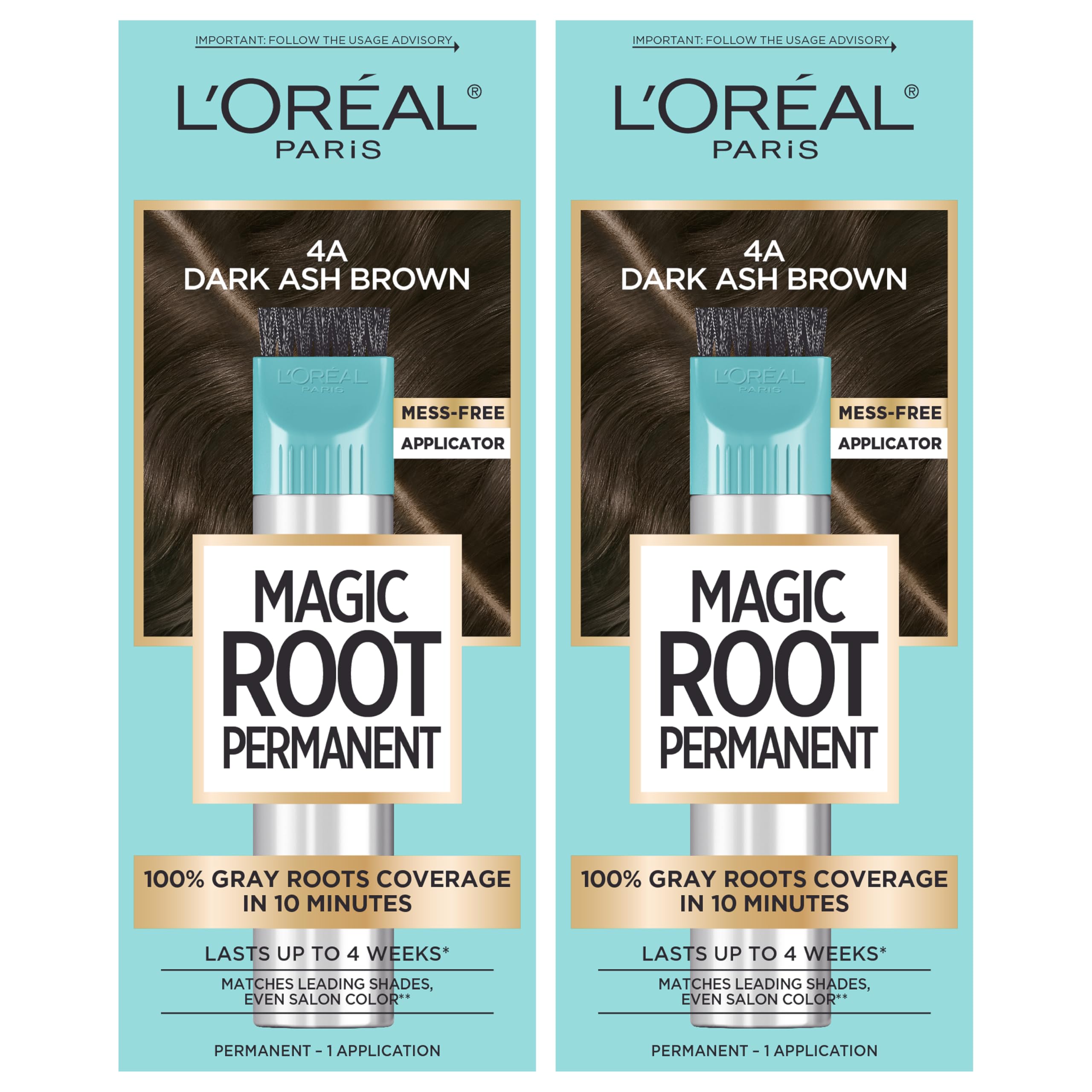 L'Oreal Paris Magic Root Rescue 10 Minute Root Hair Coloring Kit, Permanent Hair Color with Quick Precision Applicator, 100% Gray Coverage, 4A Dark Ash Brown, 2 count
