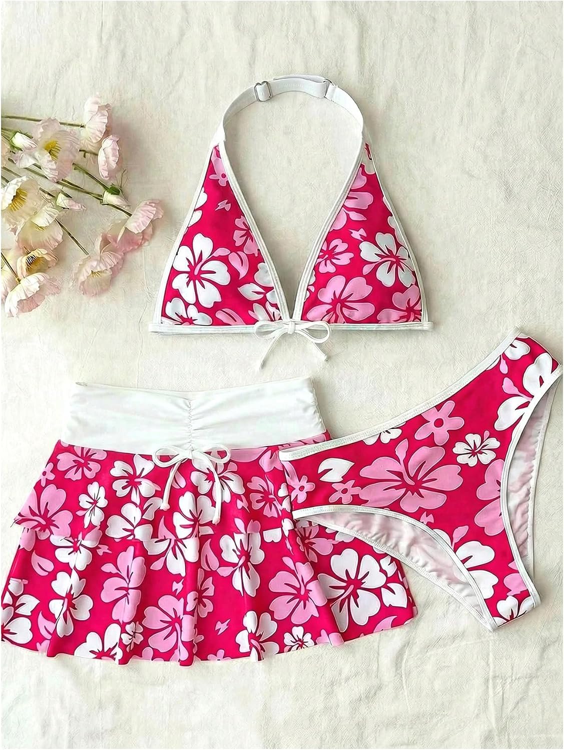 SOLY HUX Girl's Floral Swimsuits 3 Piece Bikini Set Beach Cute Bathing Suit with Mini Skirt