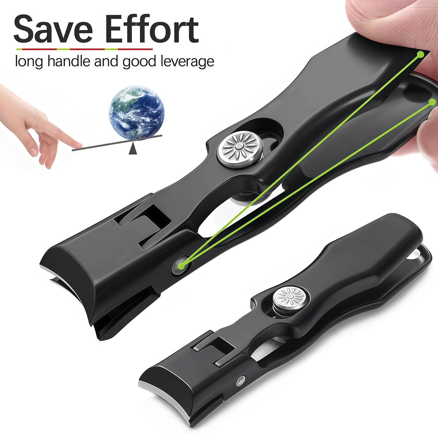 Nail Clippers with Wide Jaw, Safety Lock & Clippings Catcher, Great for Men Seniors Thick Toenails & Fingernail, No Splash Heavy Duty Stainless Steel Sharp Nail Cutter for Women, Black