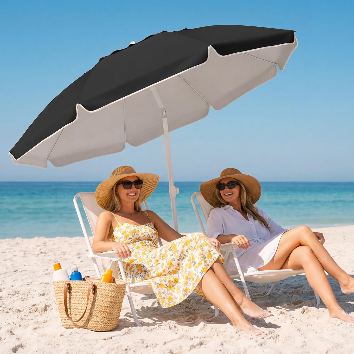 JEAREY 6.5ft Sun Shade Umbrellas, Portable Umbrella with Stand, Lightweight Sun Protection Free Standing Sport Umbrella for Outdoor Sports, Camping, Fishing, Patio, Beach, Black
