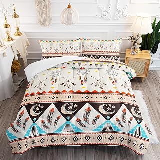 AILONEN Tribal Geometric Comforter Set Twin Size, Native American Dreamcatcher Bedding Set,American Indian Ethnic Geometric Seamless Pattern Duvet Set 3 Pieces, 1 Quilt and 2 Pillowcases
