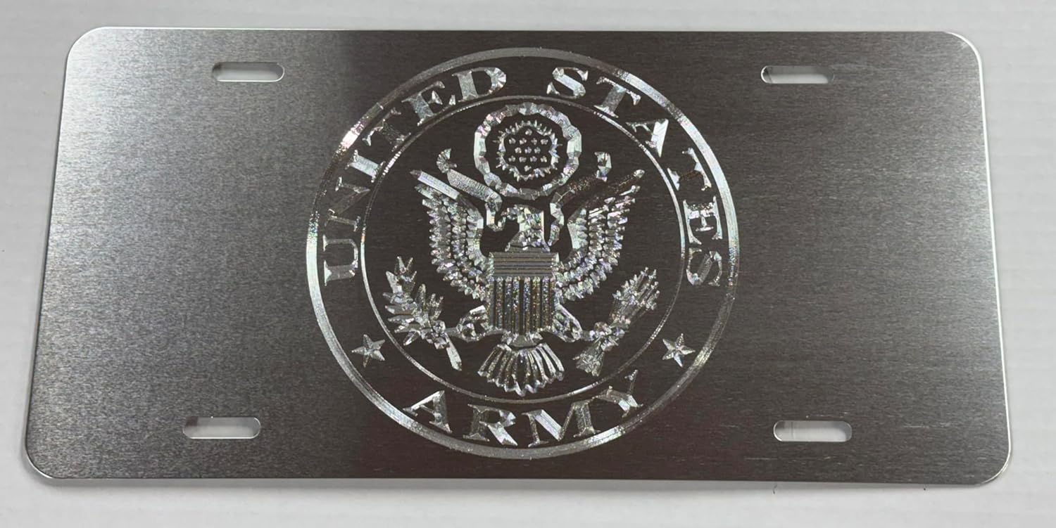 Silver on Silver Engraved US Army Military Car Tag Diamond Etched License Plate