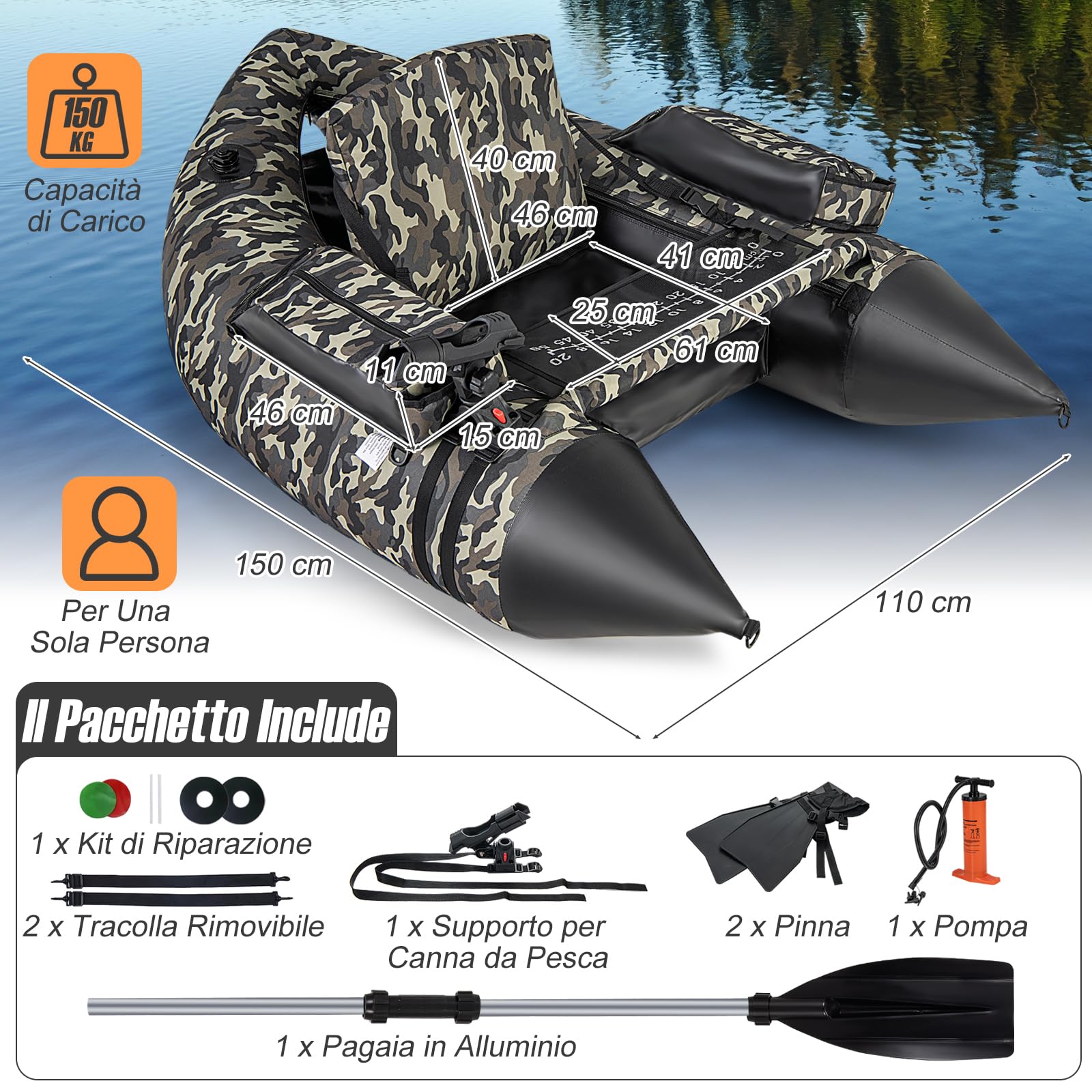 GYMAX Gommone da Pesca Gonfiabile, Barca da Pesca Portatile con Tracolle Regolabili, Pompa Manuale, Pagaia, Pinne, Porta Canne da Pesca, Righello per Pesci, Stoccaggio