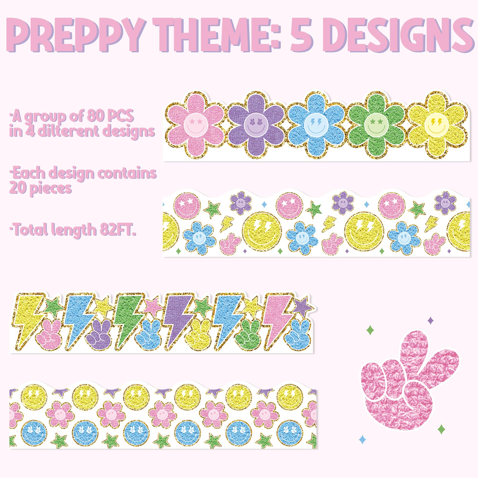 AgincBerry Pinnwand-Bordüren – 80 Stück Retro-Chenille-Glitzer-Aufnäher Mit Smileys
