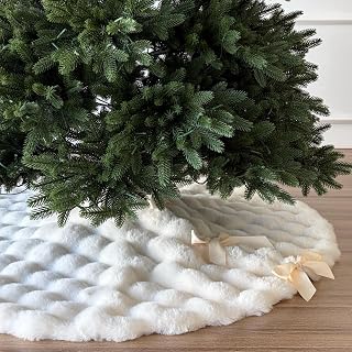 48-Inch Puff Quilt Faux Fur Christmas Tree Skirt, Soft Plush Tufted Texture with Satin Ribbon Ties, Cream