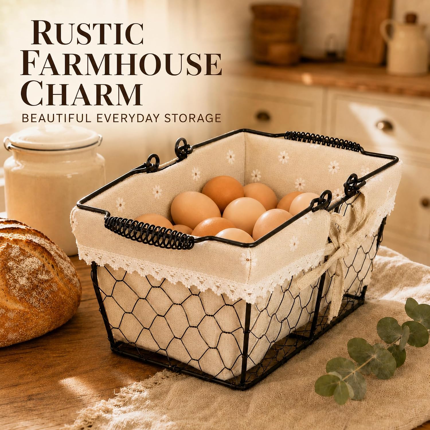 Farmhouse Vintage Metal Wire Chicken Egg Basket with Handle, Square Storage Basket with Removable Linen Liner, Decorative Countertop Organizer for Gathering Fresh Eggs, Fruits and Vegetables