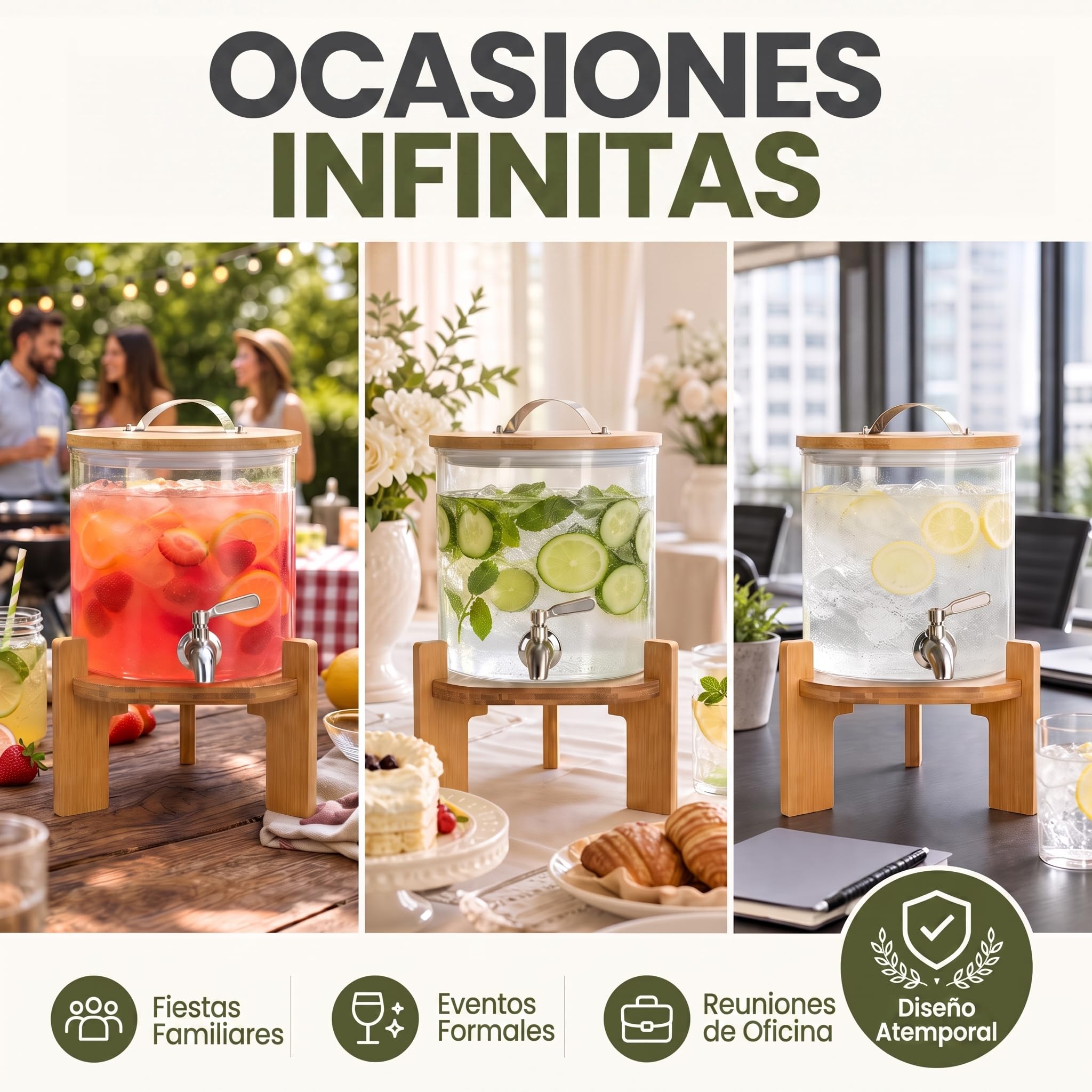Dispensador de bebidas con grifo antigoteo de acero inoxidable Dispensador de agua de vidrio con soporte y tapa de bambú Dispensador de limonada de vidrio borosilicato resistente al calor (5 litros)