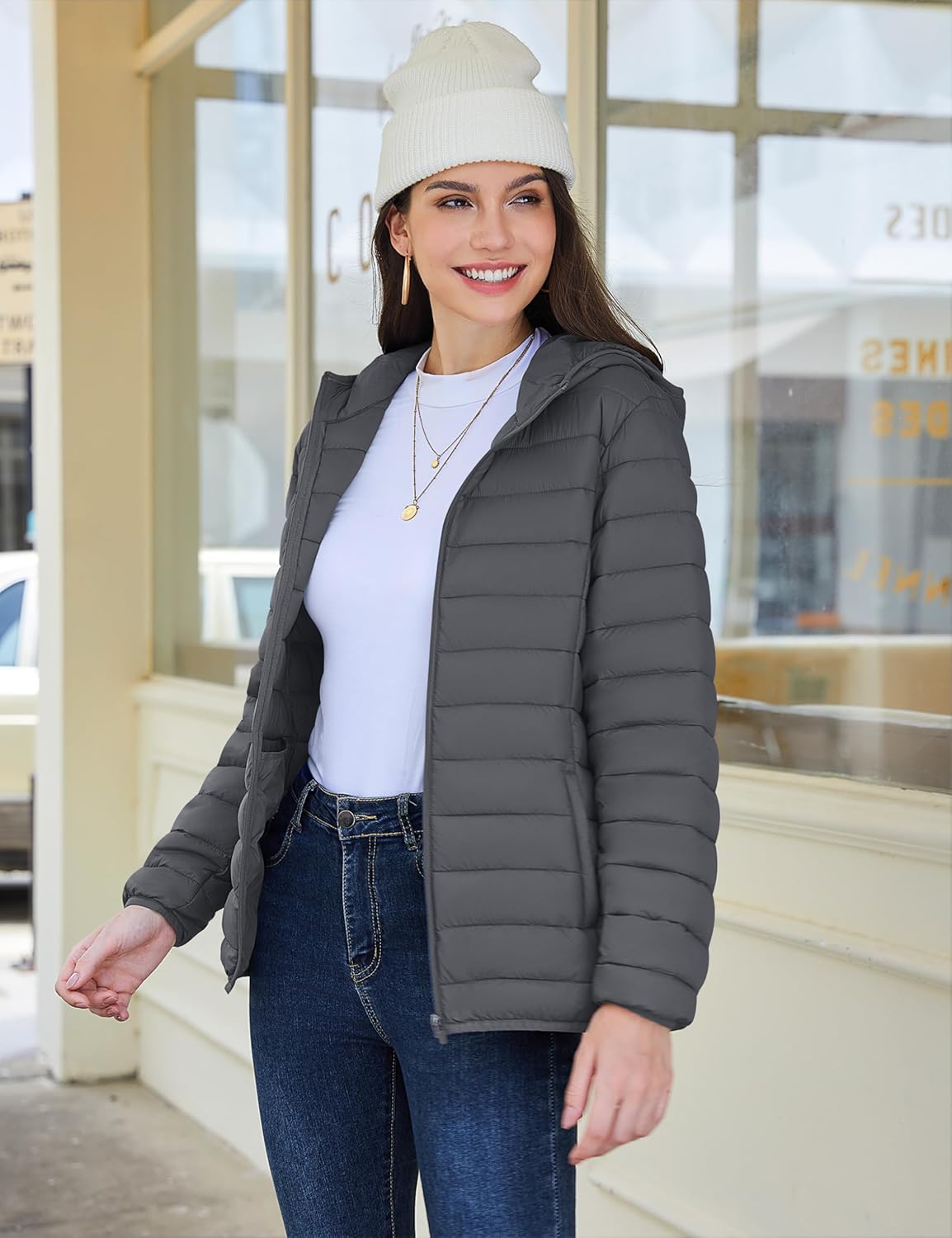 YUCOLEN Women's Puffer Jacket with Hood Lightweight Quilted Padded 4 Pockets Zip-up Coat Winter Jackets for Women - Image 3