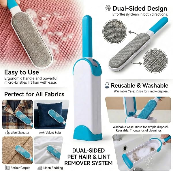 Brosse double face pour enlever les poils d'animaux de compagnie, brosse réutilisable pour vêtements, meubles et tapis, outil de nettoyage de tissu et de fourrure, rouleau anti-peluches portable pour - 3