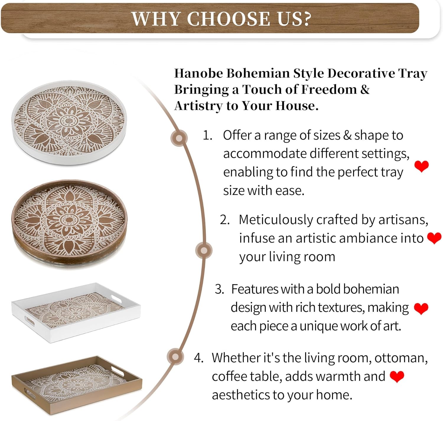 Decorative Serving Tray with Handles - Hanobe White Floral Wooden Coffee Table Trays for Ottoman Centerpiece Decor Rectangular Rustic Boho Wood for Living Room Counter