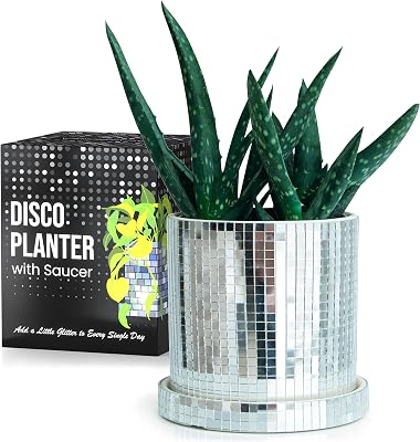 SCANDINORDICA Disco Ball Planter Pot - 4.3 inch Mirror Disco Ball Vase, Disco Planter, Ceramic Planter Pots Indoor with Drainage Hole and Saucer, Cute Desk Decor for Women | 0.2
