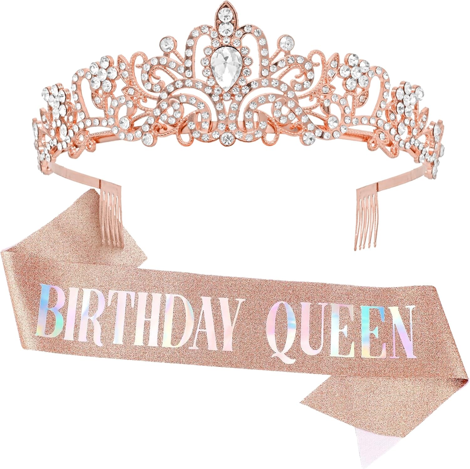 KatchOn, Rose Gold Happy Birthday Sash and Tiara - Silver Rhinestone Tiara Set | Birthday Crown and Sash for Women | Glitter Crystal Hair Accessory for Queen's Birthday | Women Birthday Decoration