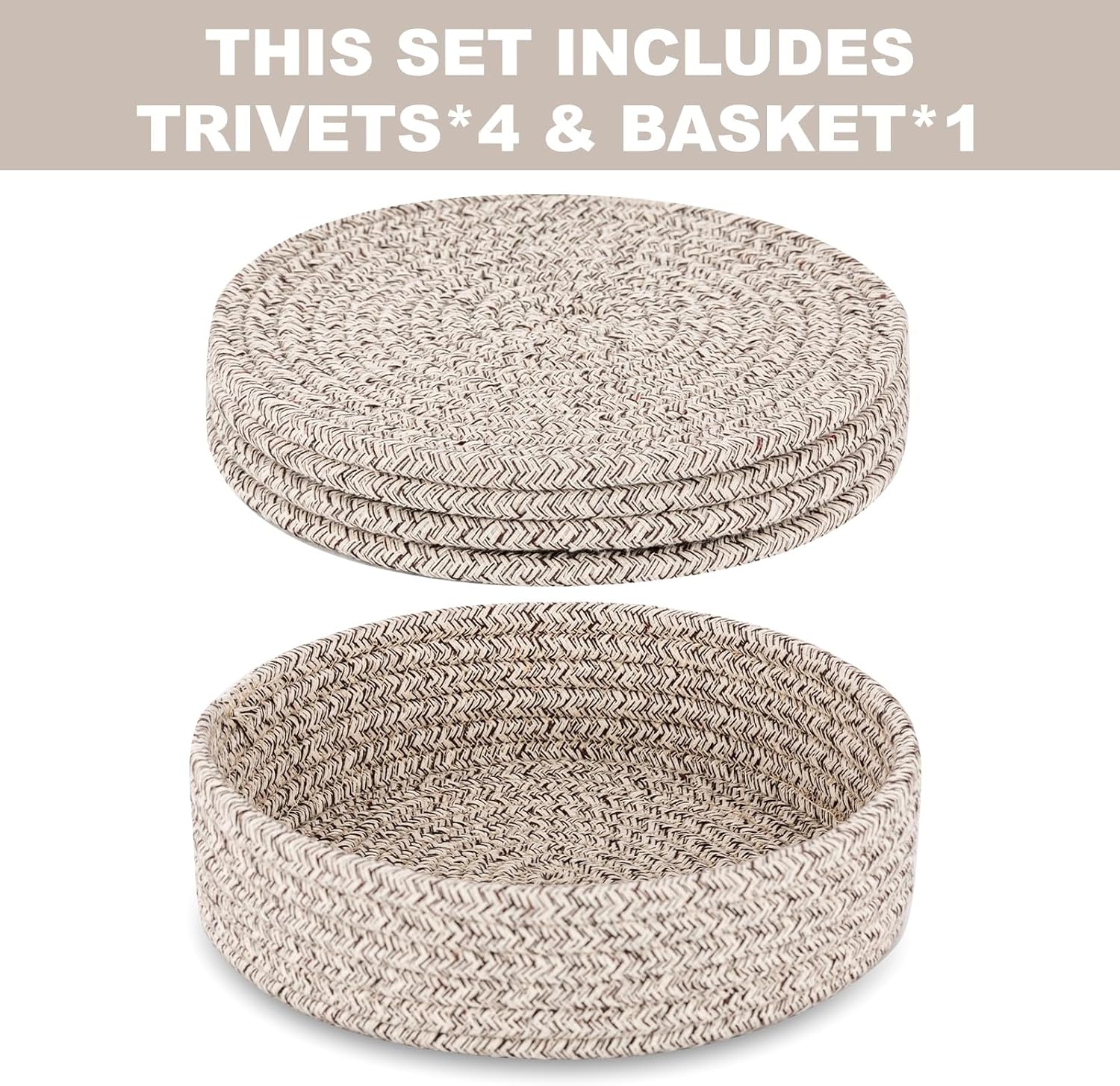 Trivets for Hot Dishes, Pots and Pans, 4 Pcs Hot Pads with Storage Basket | Pot Holders for Kitchen, Heat Resistant Mats, Home Essentials Farmhouse Decor, Brown