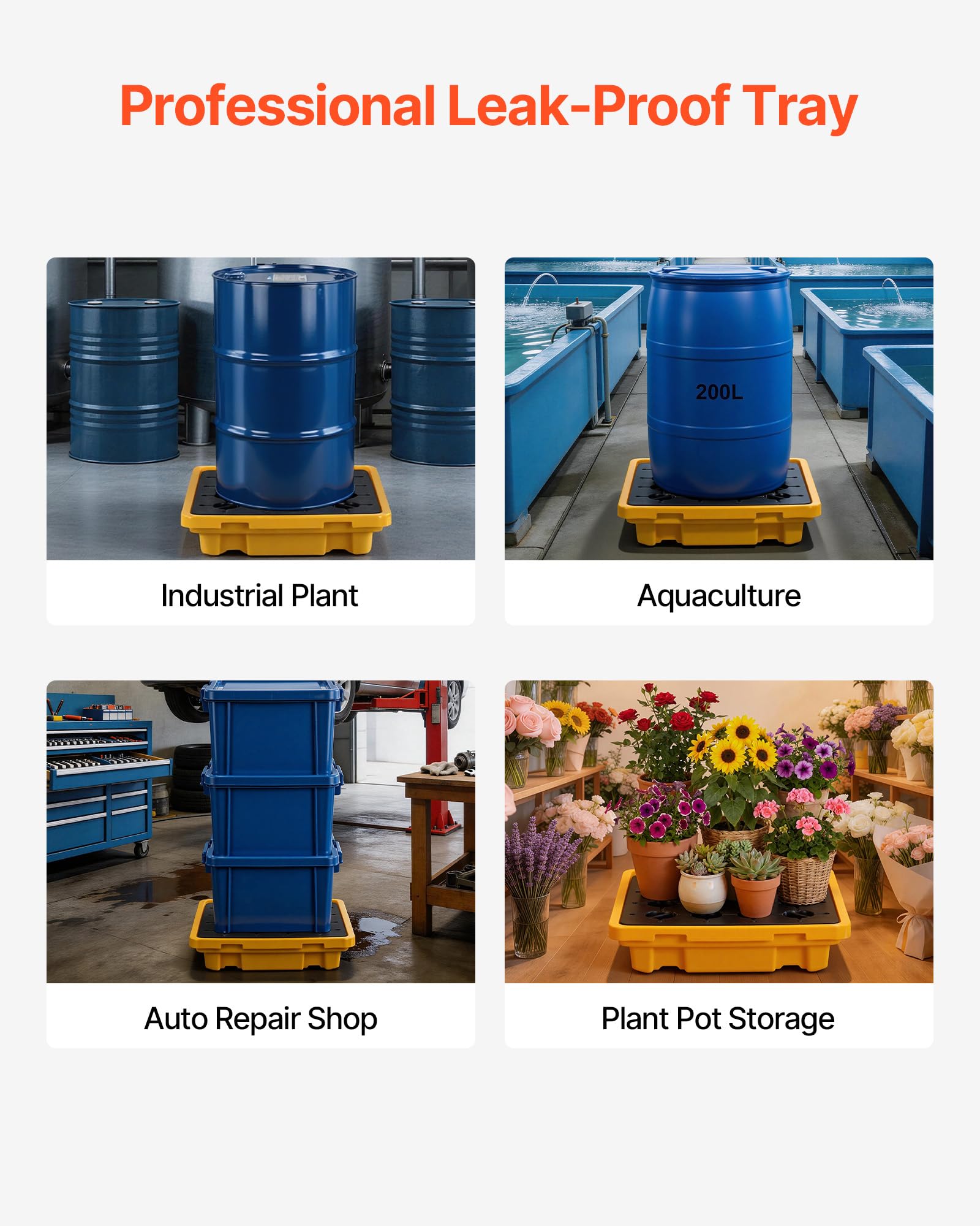 VEVOR Palette de Rétention pour 1 Fût, Bac de Rétention avec Caillebotis et Drain, Plateforme de Déversement en PEHD à Profil Bas, Capacité 43,2 L, Charge Maximale 700 kg, 670x675x150 mm, Jaune