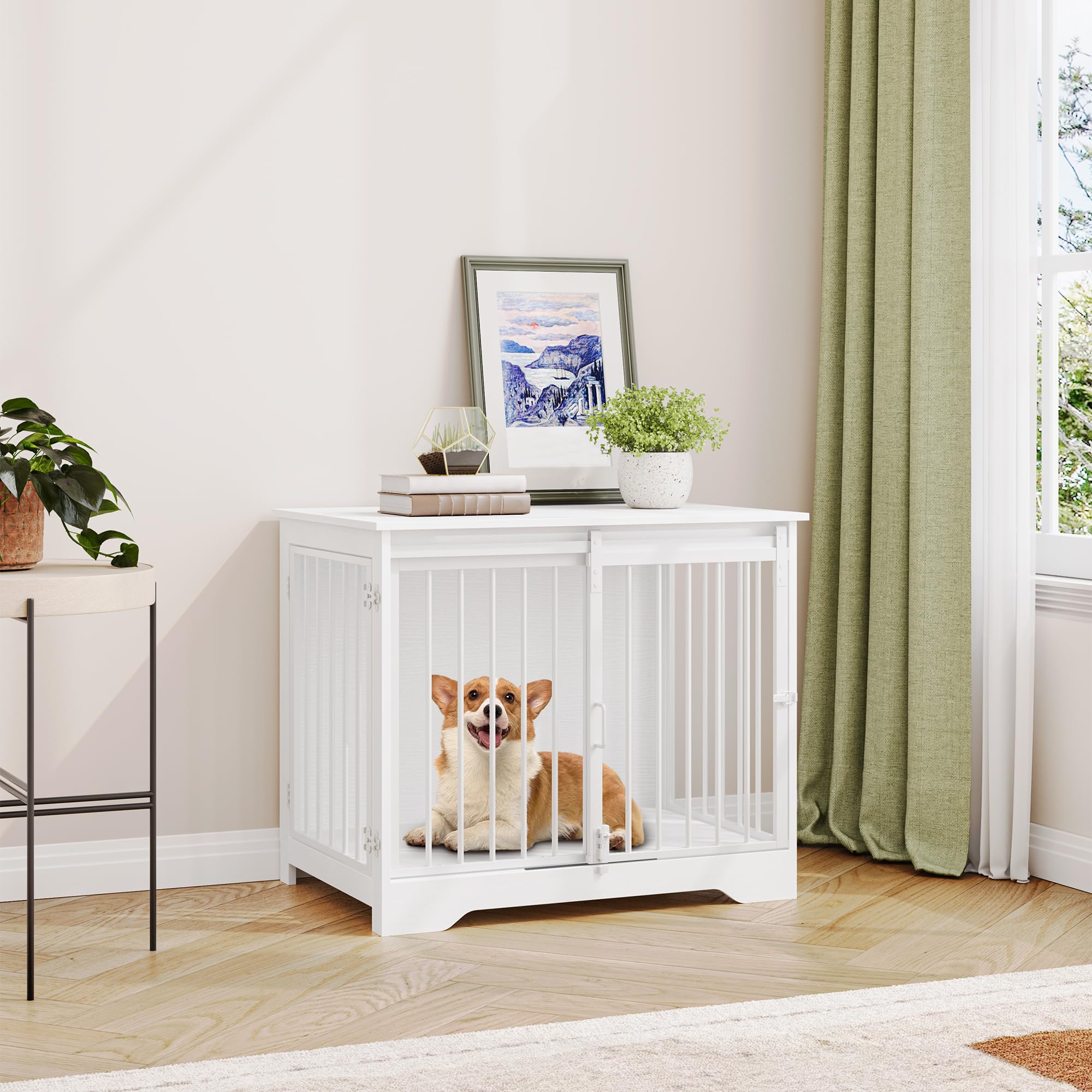 Hzuaneri 81cm Jaula para Perros, Mesa Auxiliar, casa Moderna para Perros, Jaula para Cachorros, dúplex para Animales, 2 Puertas, 55 x 81 x 67,5 cm, Blanco DFC83613W