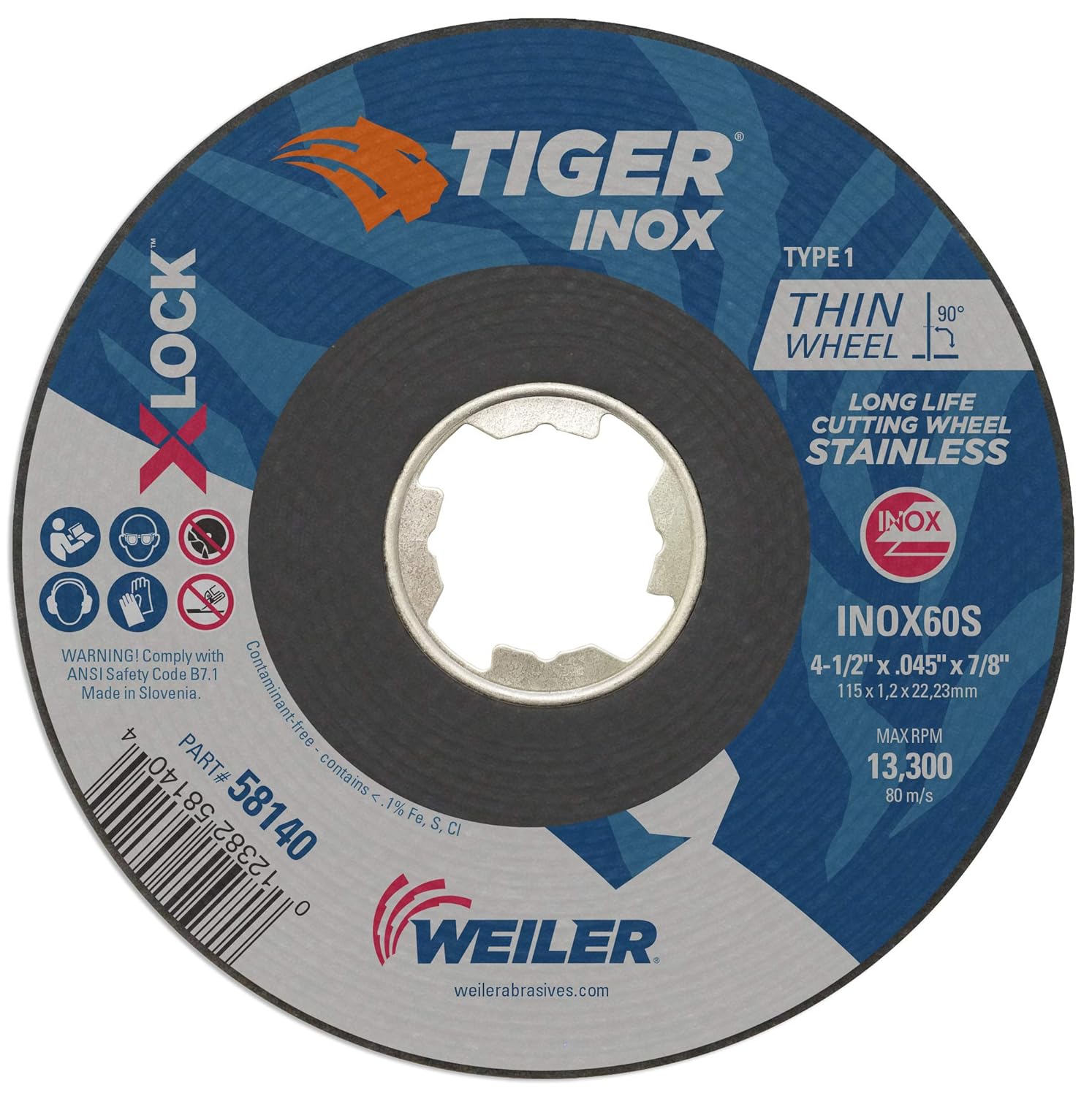 Weiler 58140 4-1/2" X .045" Tiger INOX Type 1 Cutting Wheel, Inox60S, X-Lock Arbor Hole (Pack of 25)