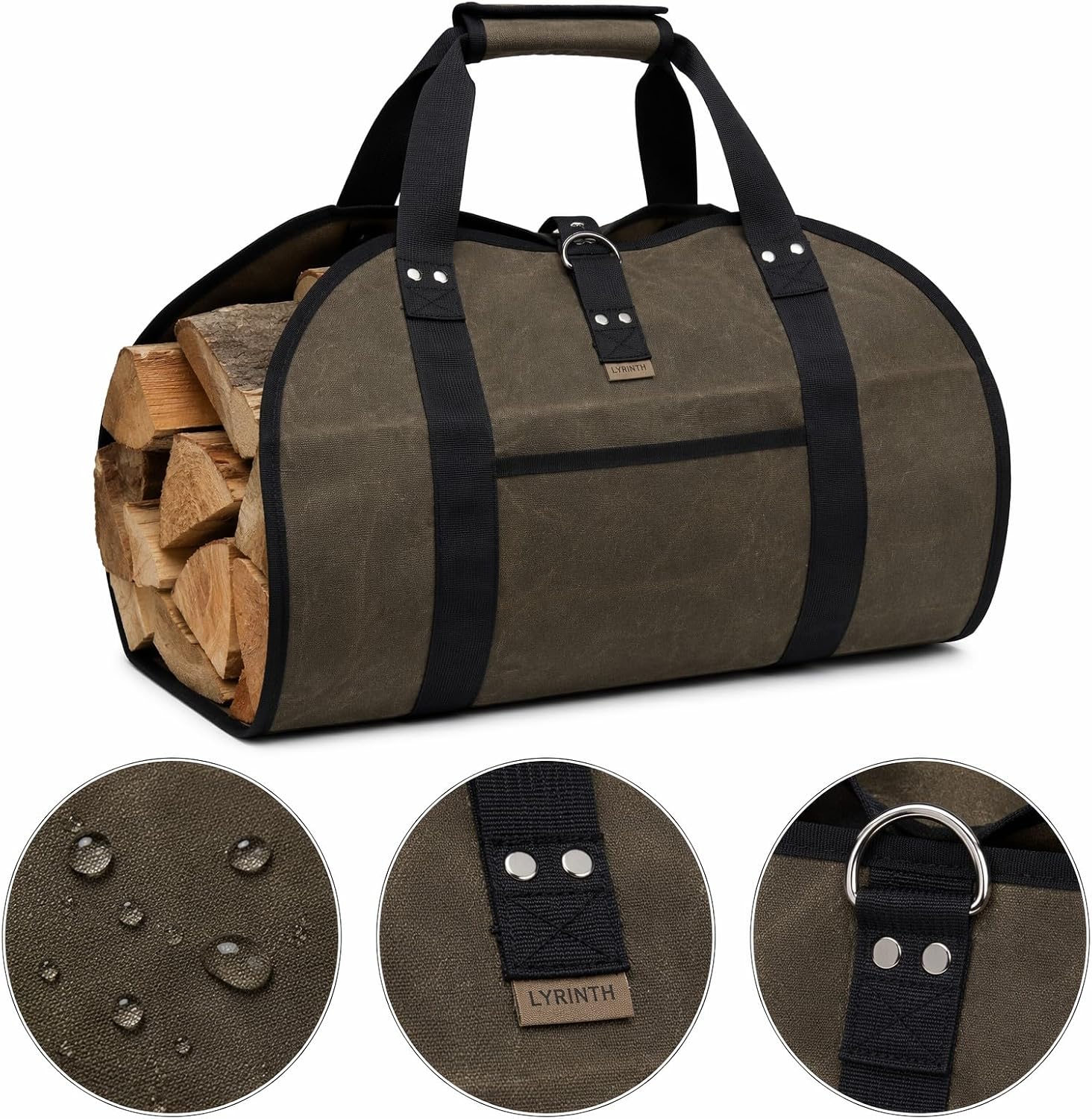20.5oz Ultra-Heavy Duty Waxed Canvas Firewood Carrier Bag - Log Carrier Tote for Wood Stove & Fireplace, Waterproof Wood Holder with Soft Padded Cotton Handles & Center Pockets