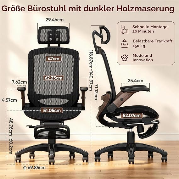 GABRYLLY Ergonomic Office Chair with Footrest 3D Headrest 135° Tilt Function 3D Armrests Ergonomic Office Desk Chair for Home Gaming Chair Computer Chair 150 kg